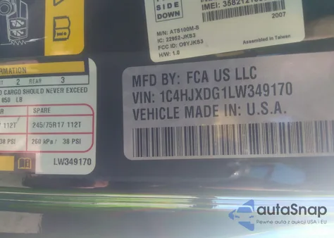 2020 Jeep Wrangler Unlimited Sport 4X4 z USA, uszkodzony, nr VIN 1C4HJXDG1LW349170